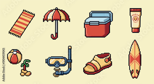 Pixel Art Retro pixel beach icons collection featuring umbrella, snorkel, and surfboard