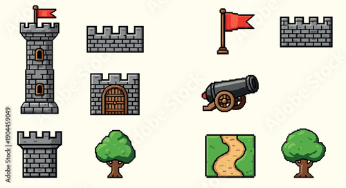 Pixel art fortress elements with castle, trees, and path