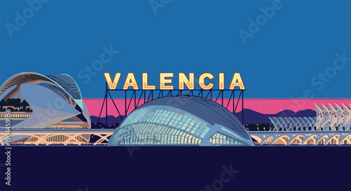 Pixel Art Valencia science and arts city skyline at sunset in vibrant colors