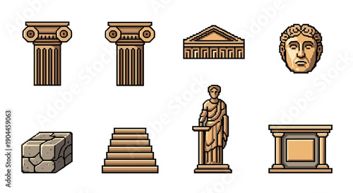 Pixel art ancient greek architecture elements with statues and columns