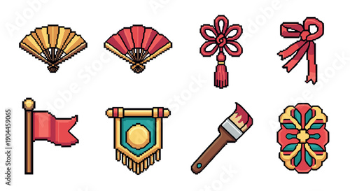 Pixel Art Retro pixel art icons of asian culture: fans, knots, and symbols in 8-bit style