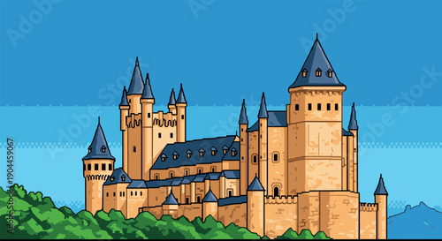 Pixel Art Majestic pixel art castle with blue sky background
