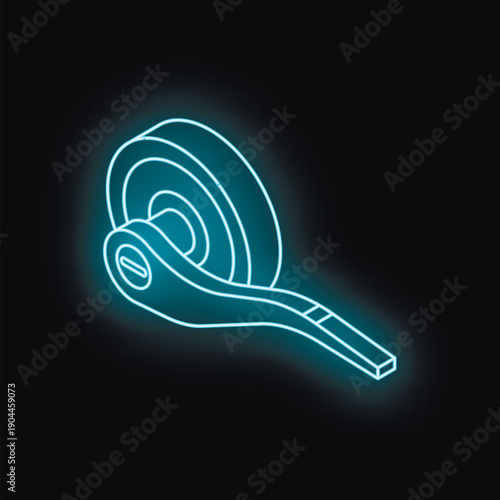 Neon blue door handle glowing on a black background, viewed isometrically