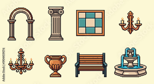Pixel Art Elegant pixel art decor: classical columns, fountains, chandeliers, and more