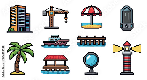 Pixel Art Colorful pixel art beach icons collection featuring buildings, boats, and more