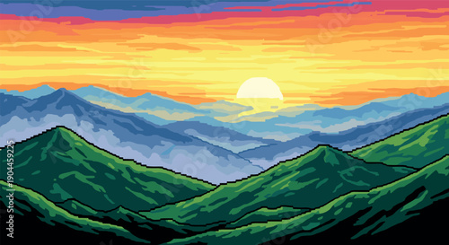 Pixel Art Vibrant pixel art sunrise over serene mountain landscape