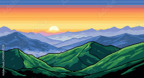 Pixel Art Colorful pixel art mountain sunrise with layered hills and vibrant horizon