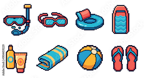 Pixel Art Retro pixel beach icons collection featuring snorkel, sunglasses, towel, ball, and more
