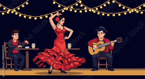 Pixel art flamenco dance scene with guitarist and pianist under string lights