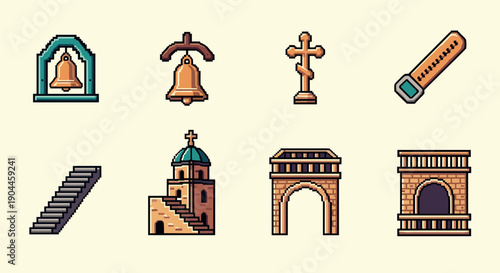 Pixel art architecture and symbols set featuring monuments and icons