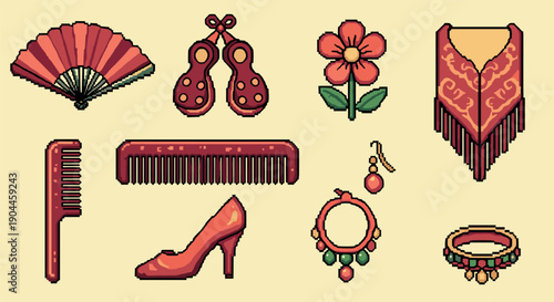 Pixel art collection of traditional spanish accessories and decorative elements