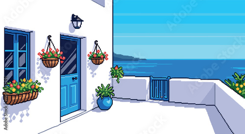 Pixel Art Charming coastal pixel art scene with white walls and blue sea view