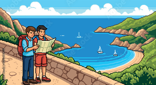 Pixel art adventure: friends exploring coastal cliff path with scenic ocean view