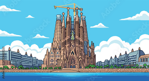Pixel art sagrada familia with cityscape and sea background