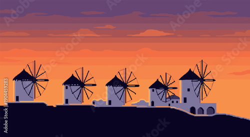 Pixel art sunset with historic windmills on the horizon