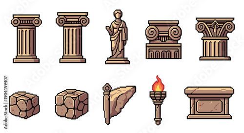 Pixel art ancient greek architecture elements and icons collection