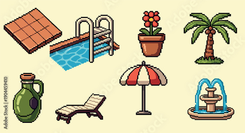 Pixel Art Retro pixel art of poolside and garden icons including palm tree and umbrella