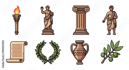 Pixel art ancient greek icons: statue, column, torch, laurel, amphora, scroll, olive branch
