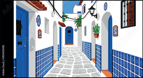 Pixel Art Charming mediterranean street with blue doors and traditional whitewashed walls