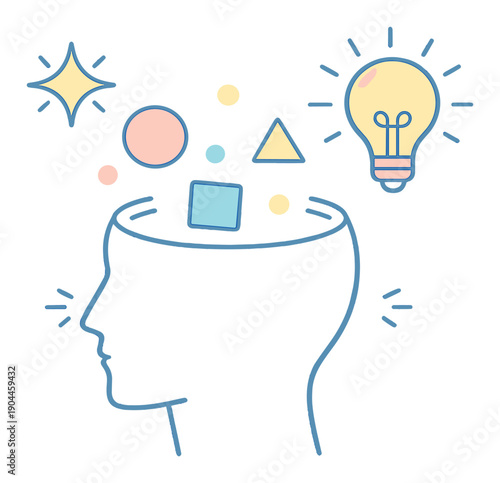 Neon silhouette of human head with creative symbols representing ideas and innovation