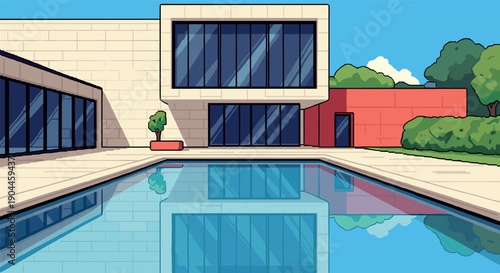 Pixel Art Modern architectural home with pool and garden in cartoon style