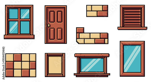 Pixel Art Set of cartoon windows and doors with brick detail