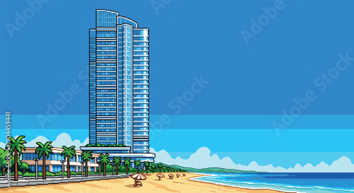 Pixel Art Modern pixel art beachfront skyscraper with palm trees and clear blue sky