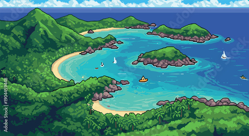 Pixel Art Retro pixel art tropical island with sailboats and lush green hills