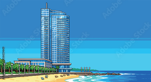 Pixel Art Beachfront hotel in pixel art style with palm trees and relaxing ocean view