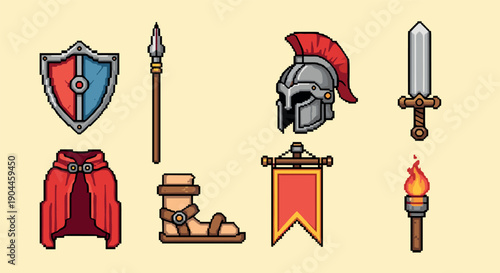 Pixel art medieval icon set: helmets, shields, and weapons