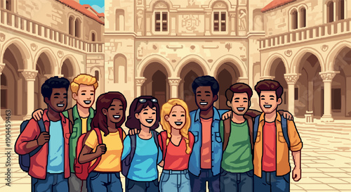 Pixel Art Diverse group of friends smiling and posing in historic courtyard