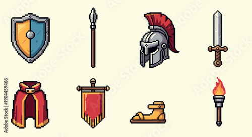 Pixel art medieval icons: armor, weapons, and heraldry collection
