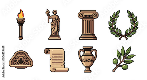 Pixel Art Retro pixel art icons of ancient greek culture and symbols