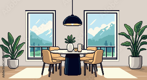 Pixel Art Charming dining room with mountain view in pixel art style