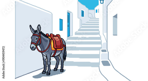 Pixel art donkey in greek village scene with whitewashed buildings and steps