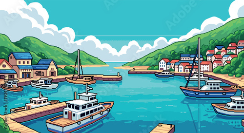 Pixel Art Charming pixel art harbor: nautical scene in a vibrant coastal village