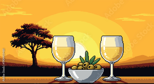 Pixel art sunset: wine glasses and olive bowl with lone tree silhouette