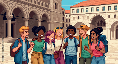 Pixel Art Group of diverse friends exploring historic european city square together