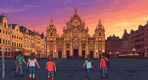 Pixel art tourists admiring historic european cathedral at sunset