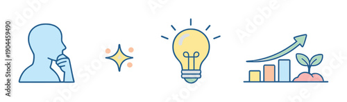 Conceptual diagram with thinking person, lightbulb, and growth chart