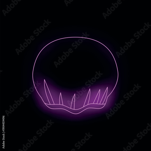 Bright purple neon sign shaped like a carnivorous plant glowing on black background