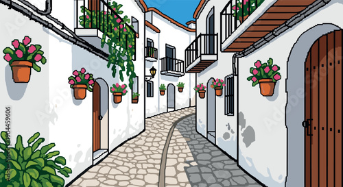 Pixel Art Charming pixel art mediterranean street scene with white buildings and floral accents