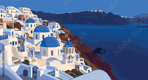 Pixel Art Scenic view of santorini with blue domes and aegean sea in flat style