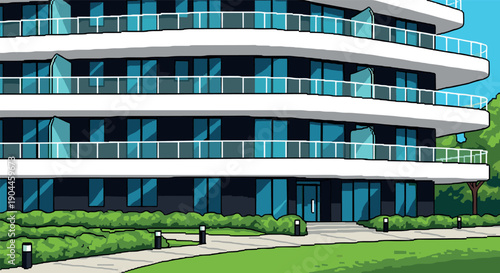 Pixel Art Modern pixel art architecture: contemporary building with curved balconies and glass windows