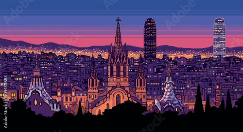 Pixel Art Twilight pixel art cityscape of barcelona with iconic architecture and skyline