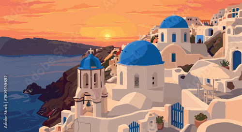 Pixel Art Stunning sunset over santorini: blue domes and white buildings by the sea