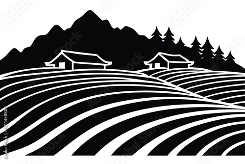 terraced crop fields silhouette vector illustratio