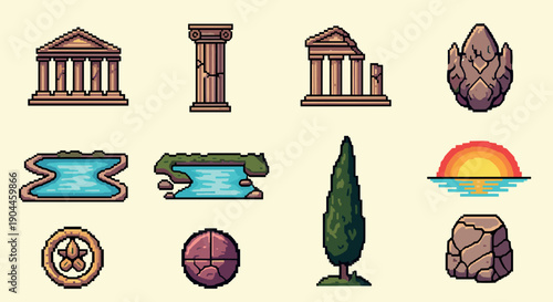 Pixel art historical icons: ancient architectures and landscapes