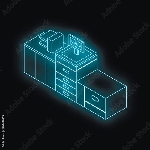 Futuristic neon blue isometric checkout counter radiating light in dark space, symbolizing modern retail technology