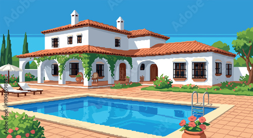 Pixel Art Charming mediterranean villa with pool in pixel art style